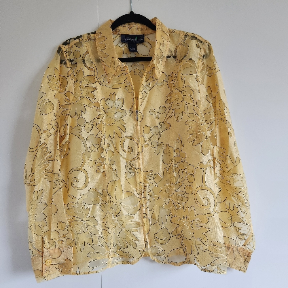 Susan Graver Style Yellow Floral Zip Front Blouse Linen Blend L